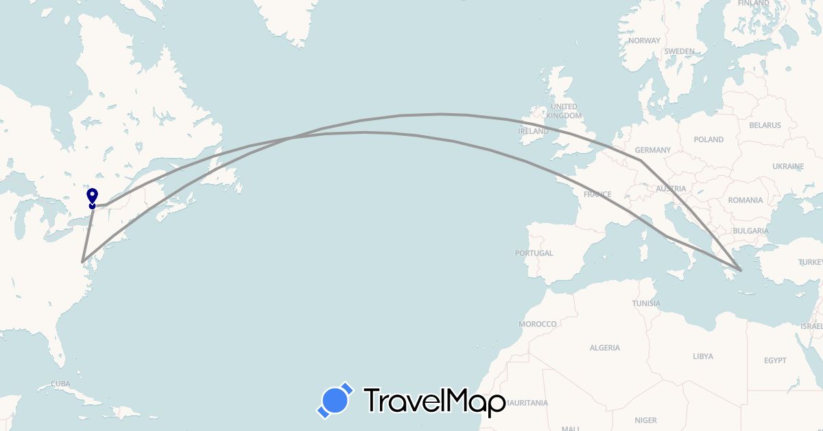 TravelMap itinerary: driving, plane in Canada, Germany, Greece, Italy, United States (Europe, North America)